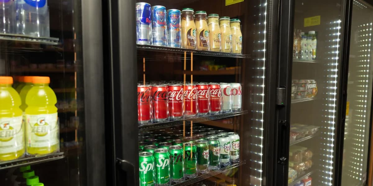 Cooler with energy drinks, iced coffee, sodas and juices at The SmAll Market