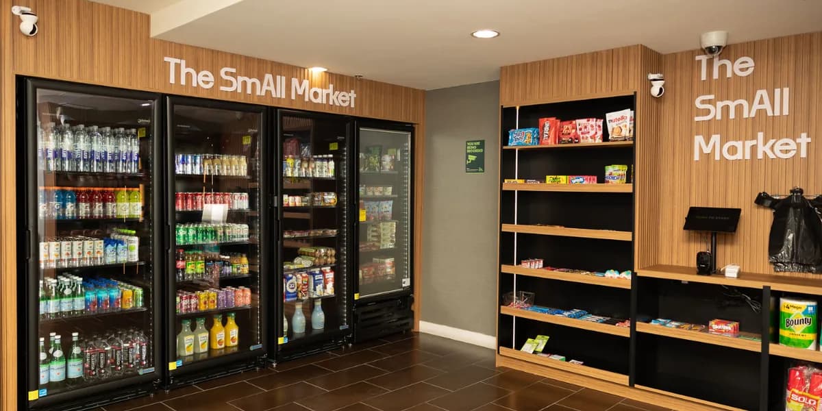 The SmAll Market in-building micro-market with glass-door coolers full of drinks and wood shelves of snacks