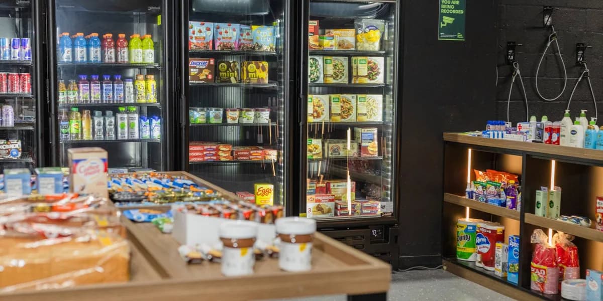 Freezers with frozen meals and ice cream beside a table of bread and breakfast items at The SmAll Market