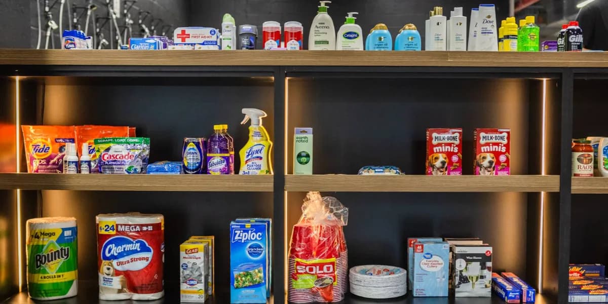 Paper towels, cleaning supplies, party cups and pet treats on shelves at The SmAll Market