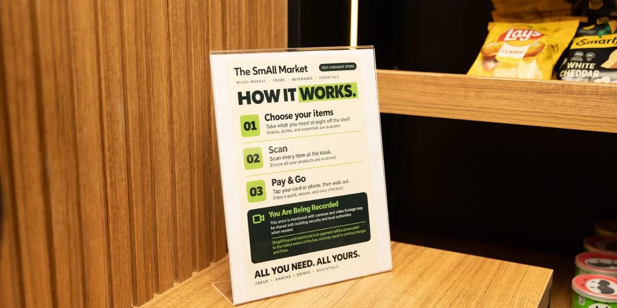 How it works card at The SmAll Market: choose your items, scan them at the kiosk, then pay and go