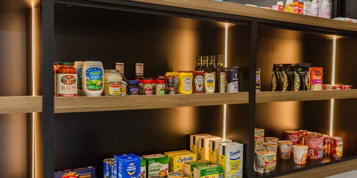 Pasta, sauces, condiments, tea and canned goods on pantry shelves at The SmAll Market