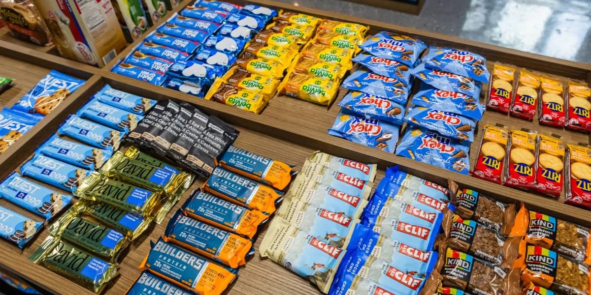 Protein bars, granola bars and crackers on display at The SmAll Market